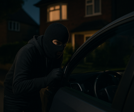 car thief looking to steal a car on a dimly lit residential road in the UK