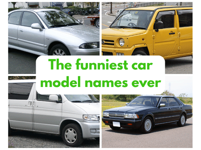 Funniest car model names including Mitsubishi Carisma, Nissan Cedric, Diahatsu Naked and Mazda Bongo Friendee