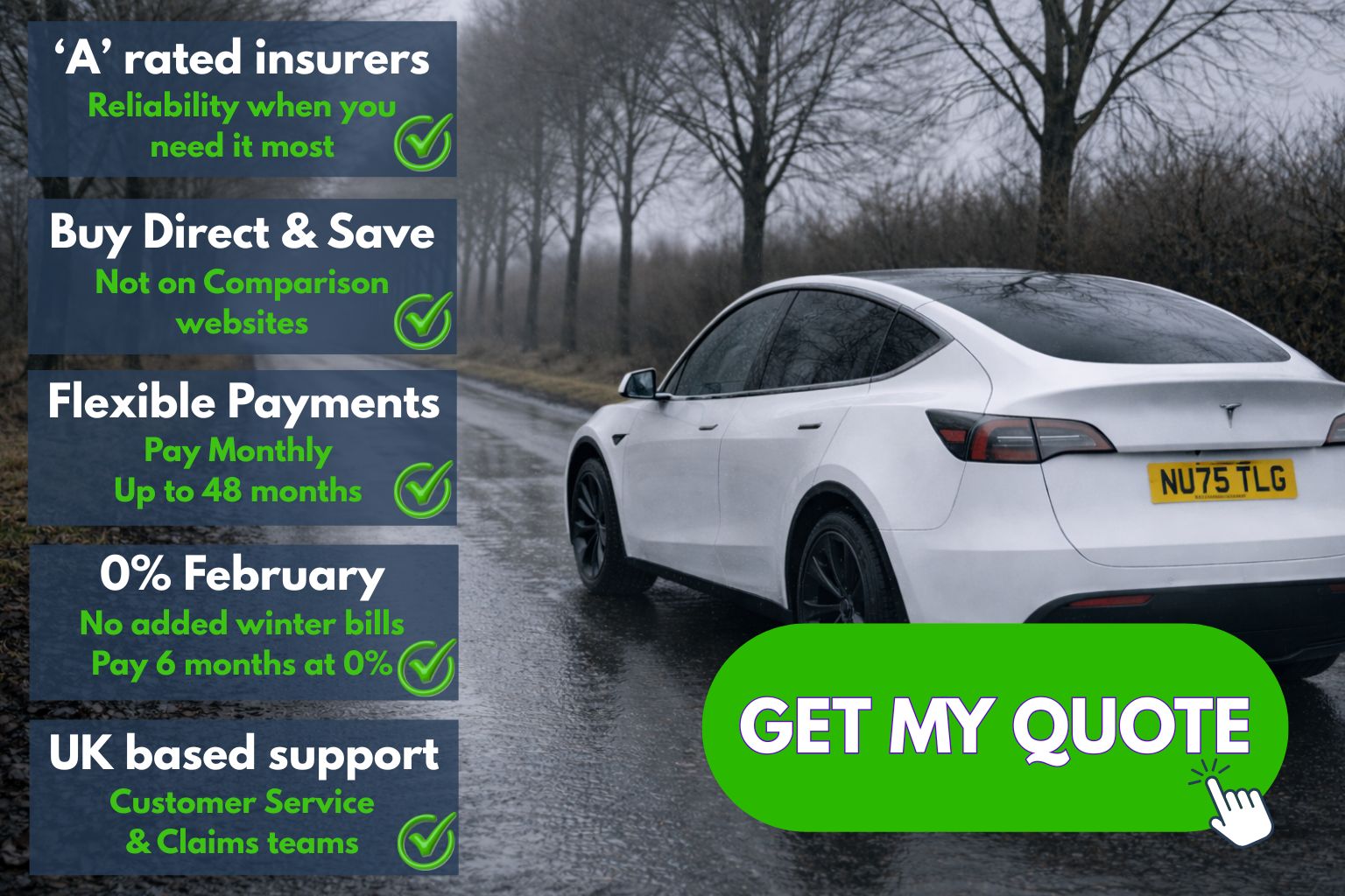 GAP insurance quote, February 2026, driving scene in wet winter day in the UK