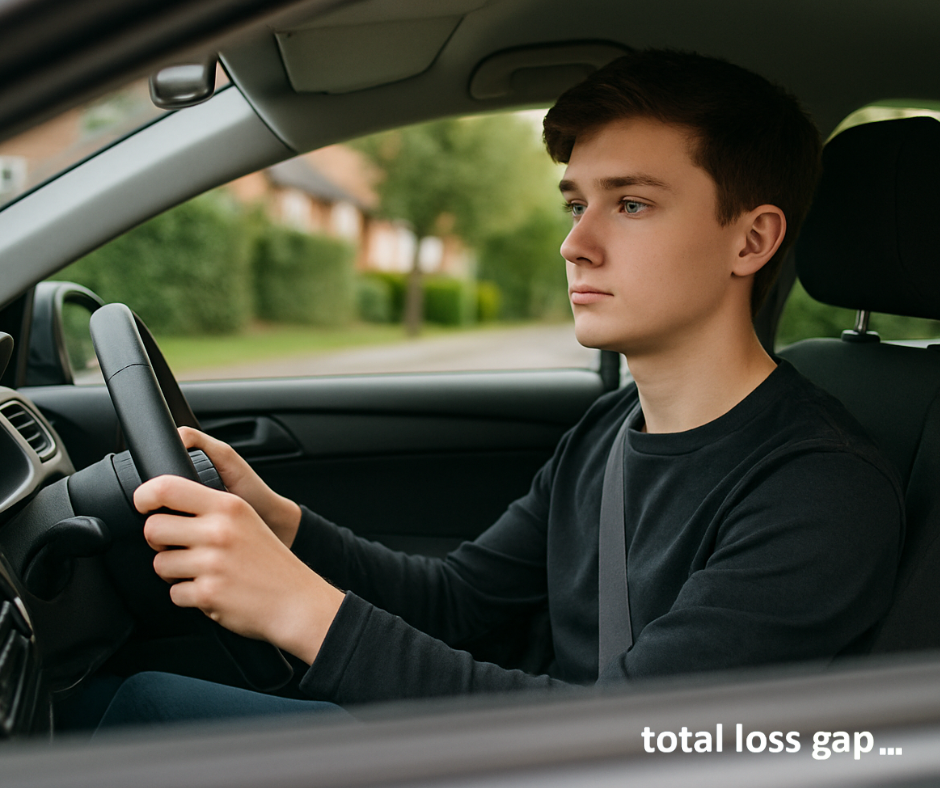 Teenage driver in UK right-hand drive car, wearing seatbelt — suitable for provisional or newly qualified drivers