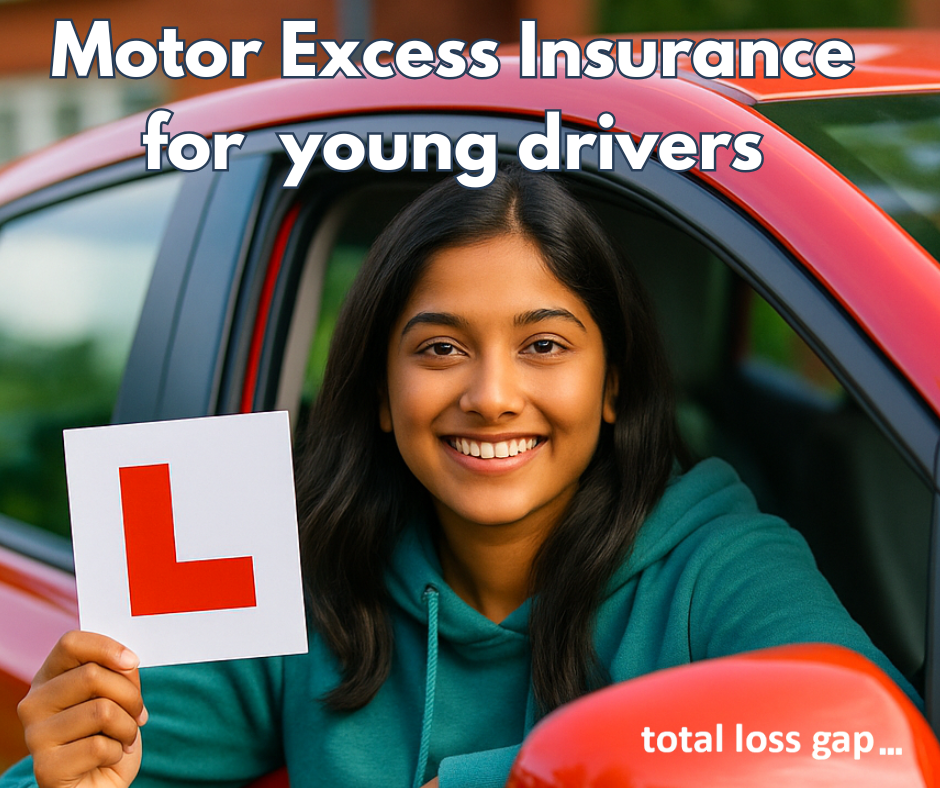 Young learner driver in red UK car holding L plate — ideal for motor excess insurance for 17-year-olds